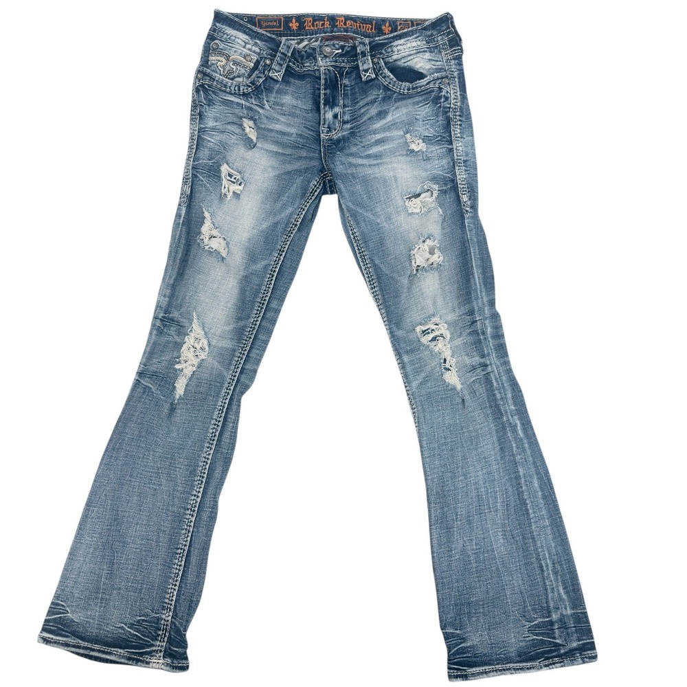 Rock Revival Bootcut Jeans Womens 28 Blue Yandel Distressed Embroidered Y2K